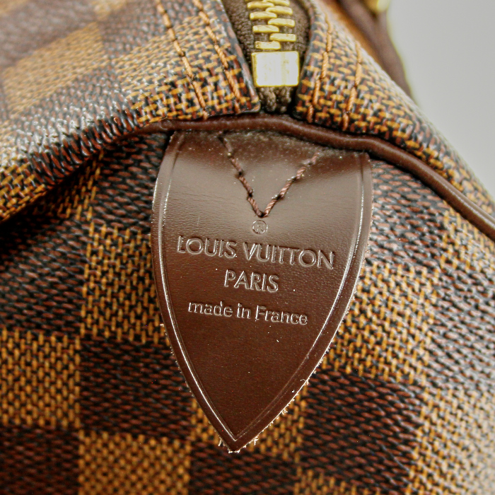 Louis Vuitton Speedy 25 cm en toile damier ébène et cuir marron - Detail D3