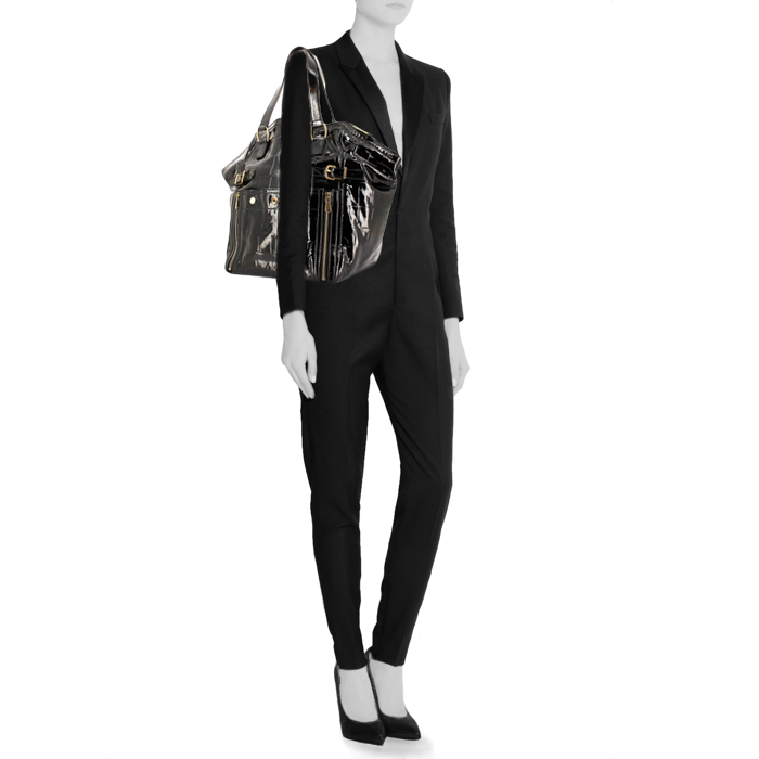 Borsa Yves Saint Laurent Downtown modello medio in pelle verniciata nera - Detail D1