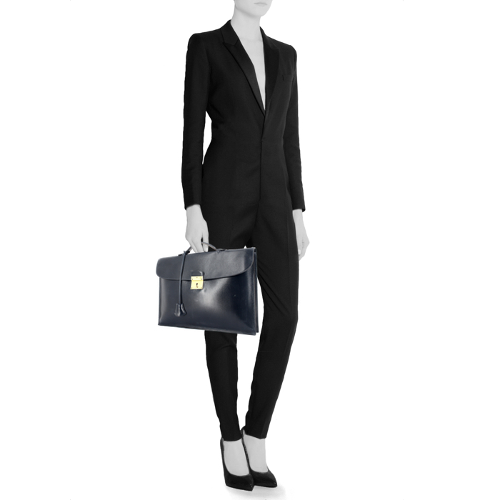 Hermès Quirus briefcase in blue leather - Detail D1