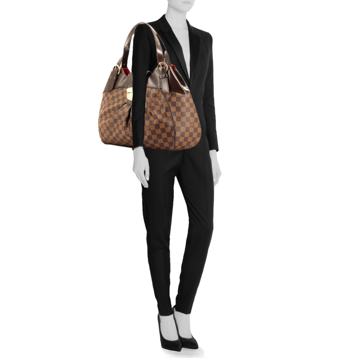 Sac à main en toile damier enduite ébène et cuir marron - Detail D1