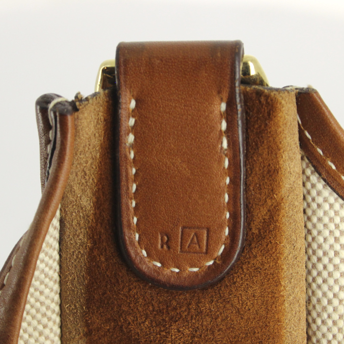 Hermes large model handbag in beige canvas and brown leather - Detail D4