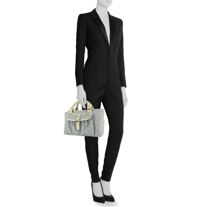 Celine handbag in blue monogram canvas and white leather - Detail D1