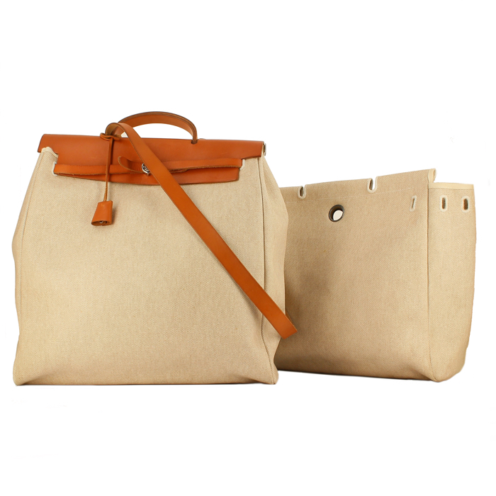 Borsa da viaggio Herbag in tela beige e pelle naturale - Detail D3