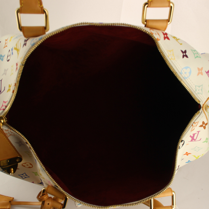 Borsa da viaggio in tela monogram multicolore bianca e pelle naturale - Detail D2