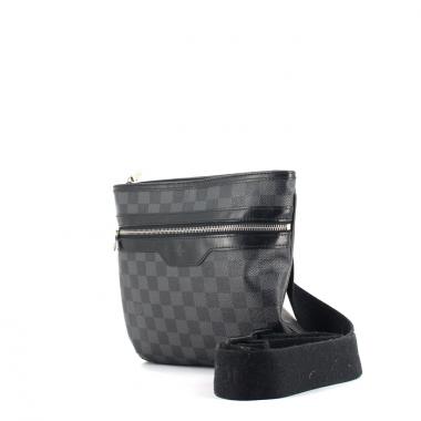 Bolso zurrón en lona a cuadros revestida gris y cuero negro