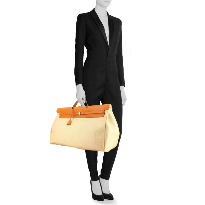 Borsa da viaggio Hermes Herbag in tela beige e pelle naturale - Detail D2