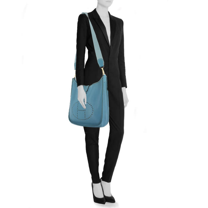 Borsa Hermes Evelyne modello medio in cuir taurillon clemence blu - Detail D1
