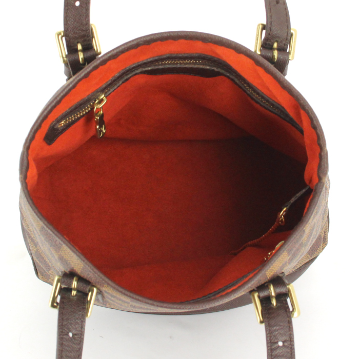 Shopping bag Louis Vuitton petit Bucket in tela cerata con motivo a scacchi ebano e pelle marrone - Detail D2