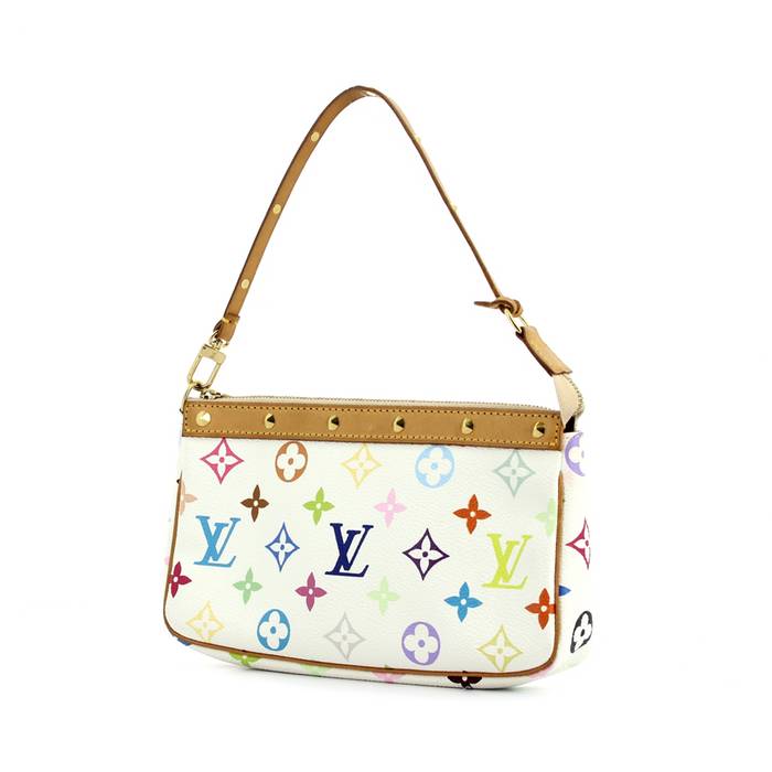 Pochette Louis Vuitton en toile monogram multicolore blanche et cuir naturel