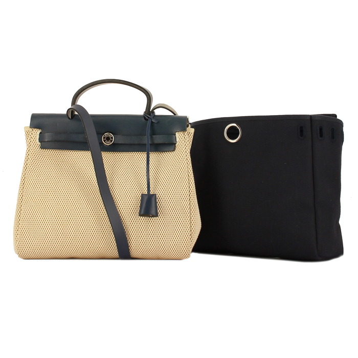 Hermès Herbag in beige/blue canvas and blue leather - Detail D3