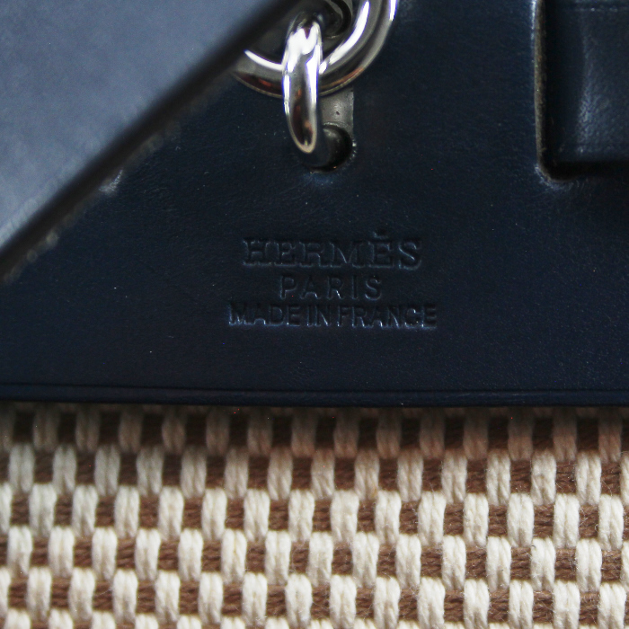 Hermès Herbag in beige/blue canvas and blue leather - Detail D5