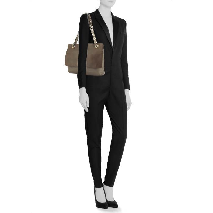 Lanvin Happy handbag in khaki and brown leather - Detail D1