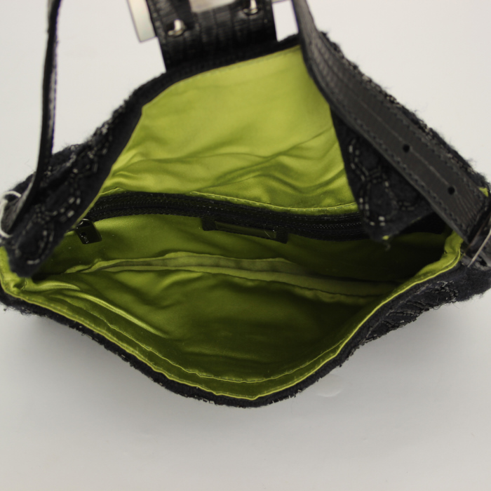 Bolso de mano Baguette en lona negra adornado con perlas negras y cuero negro - Detail D2