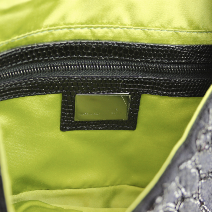 Bolso de mano Baguette en lona negra adornado con perlas negras y cuero negro - Detail D3