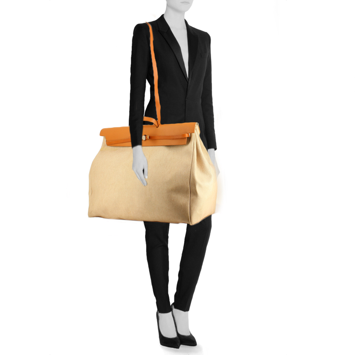 Borsa da viaggio Herbag in tela beige e pelle naturale - Detail D1