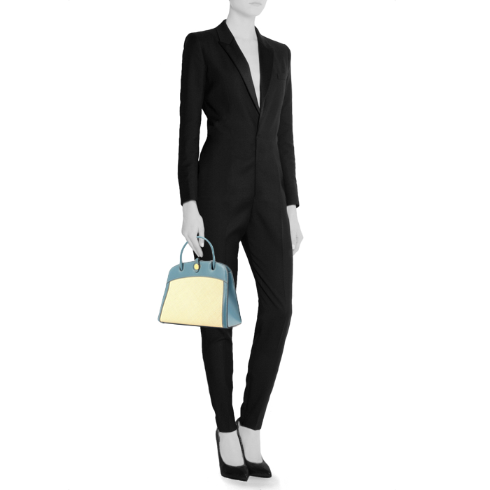 Hermes Dalvi bag in turquoise leather and beige canvas - Detail D1