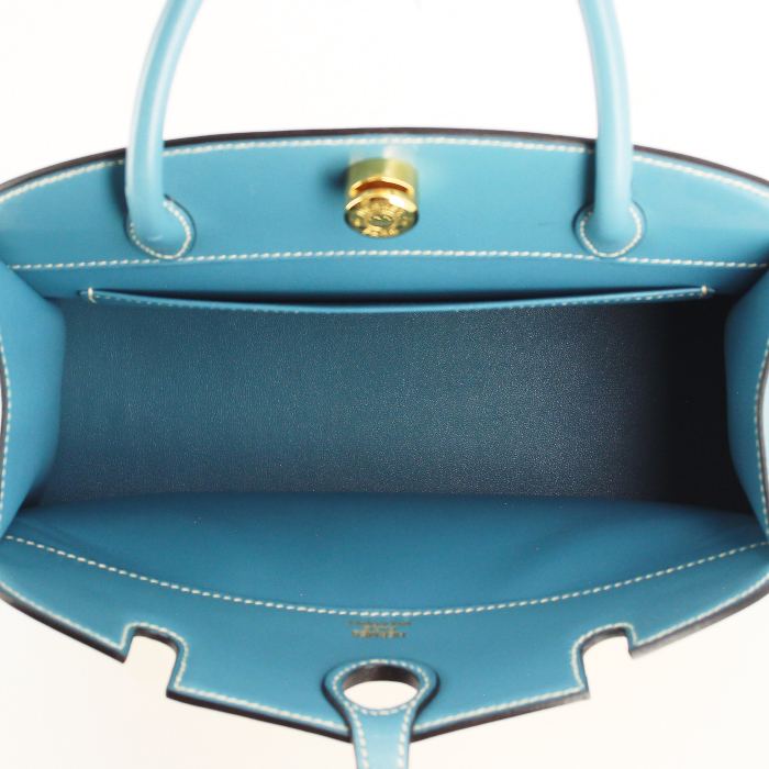 Hermes Dalvi bag in turquoise leather and beige canvas - Detail D2