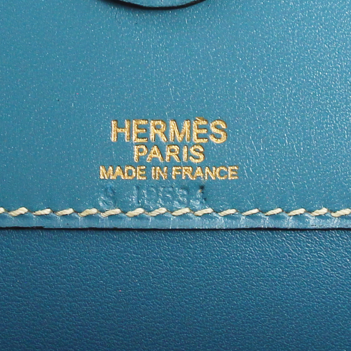 Hermes Dalvi bag in turquoise leather and beige canvas - Detail D3