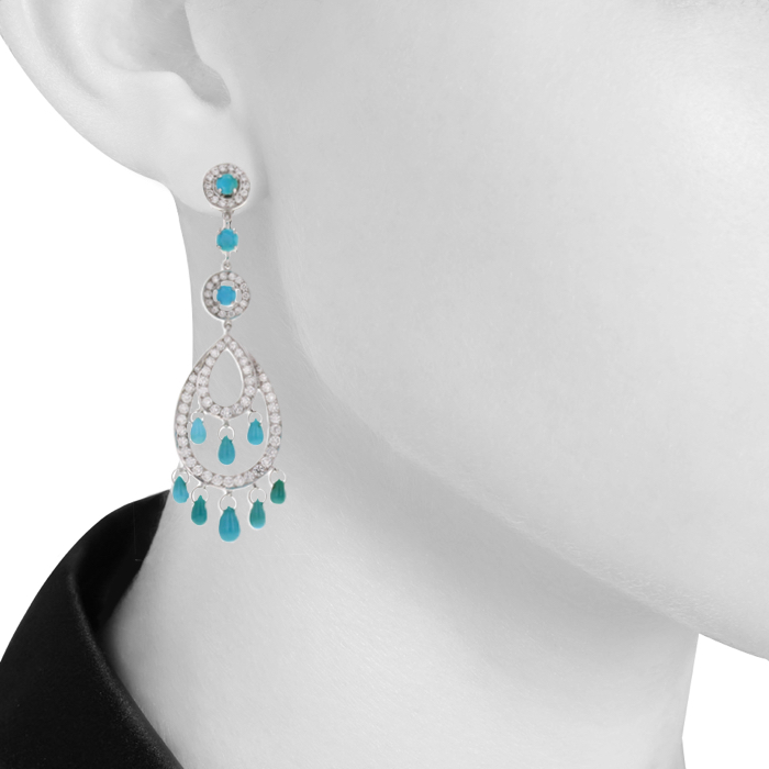 Pendants earrings in white gold,  diamonds and turquoises