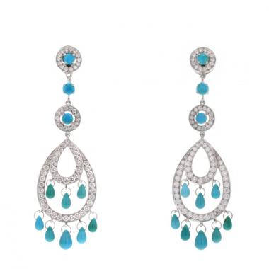 Pendants earrings in white gold,  diamonds and turquoises