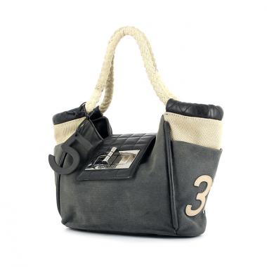 Borsa Chanel Croisière Bag in tela grigia e beige e pelle trapuntata nera
