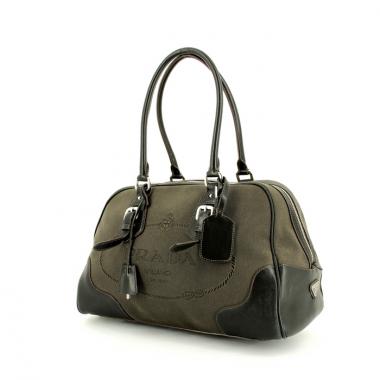 Borsa in tela verde kaki e pelle nera