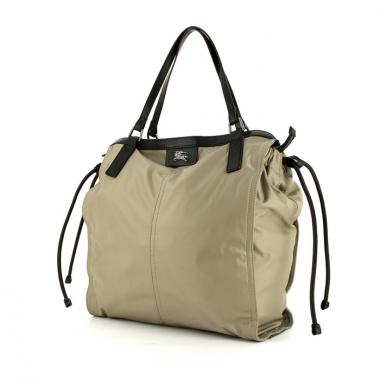 Bolso de mano en lona caqui y cuero negro