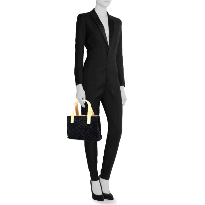 Sac à main Celine en daim monogram noir et cuir naturel - Detail D1