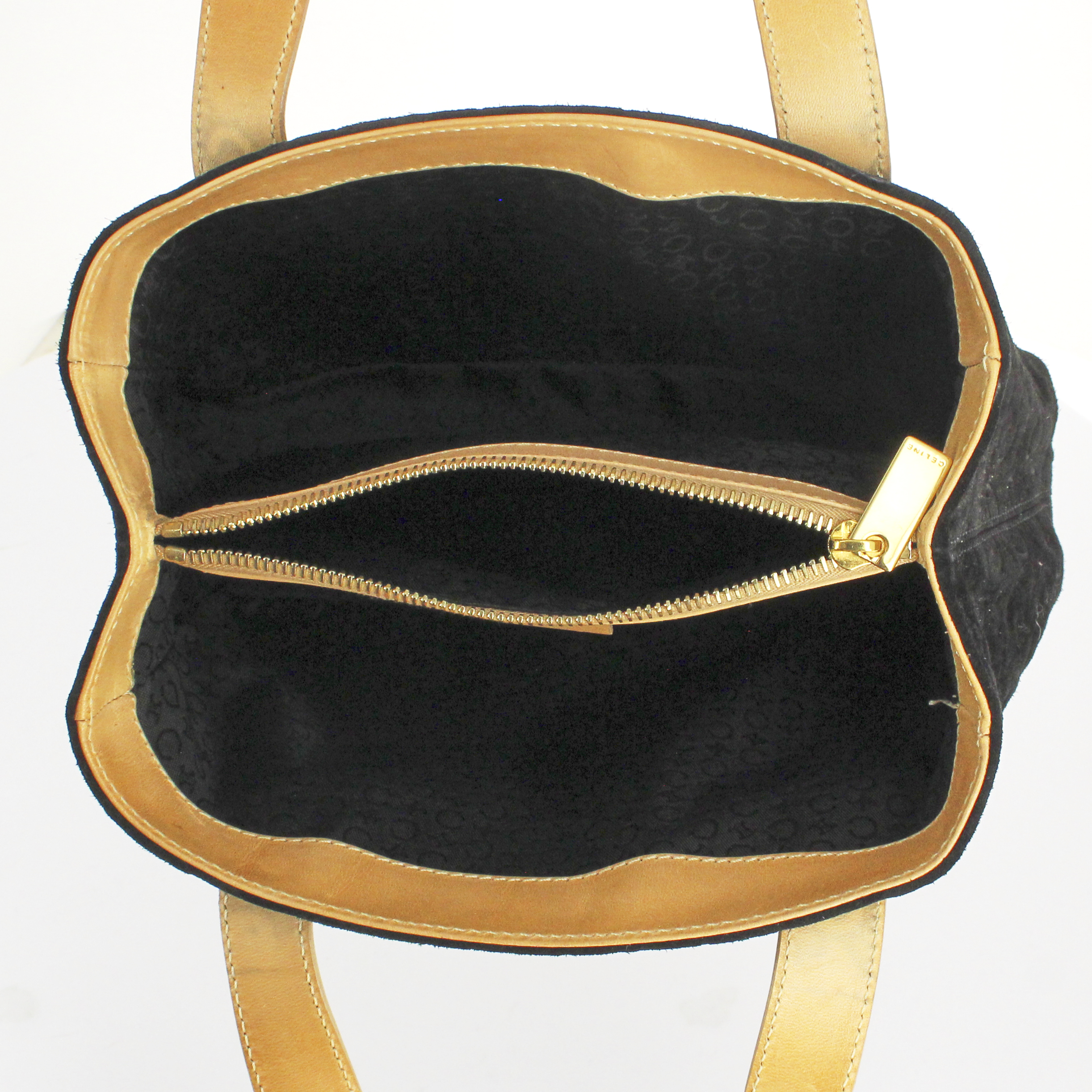 Sac à main Celine en daim monogram noir et cuir naturel - Detail D2