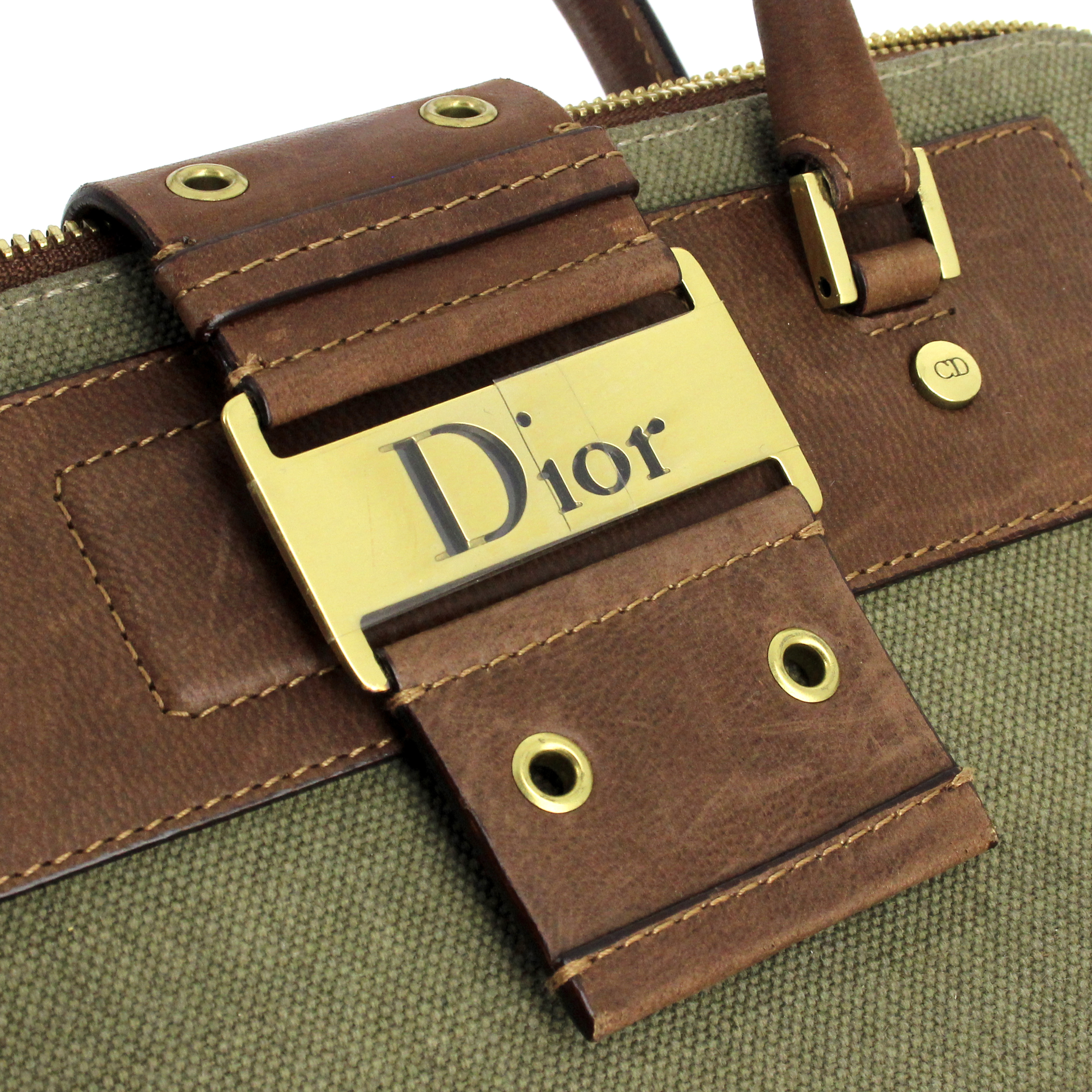 Dior handbag in khaki canvas and brown leather - Detail D4