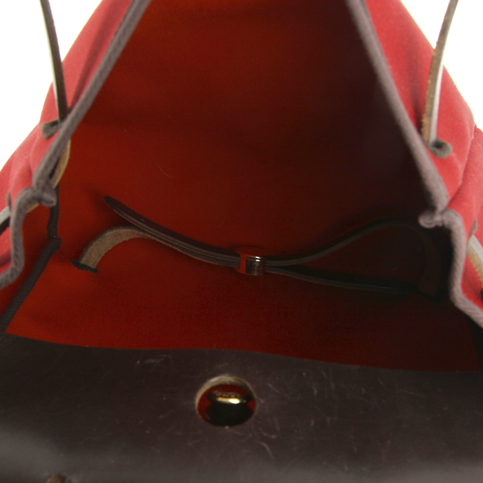 Hermes Herbag backpack in red and orange canvas and brown leather - Detail D5