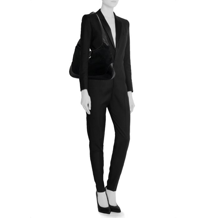 Gucci Jackie handbag in black leather and black canvas - Detail D1