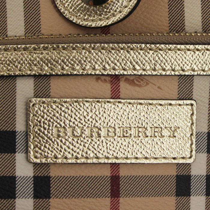Burberry bolso de mano en lona revestida Haymarket beige y cuero dorado - Detail D4