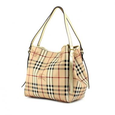 Burberry bolso de mano en lona revestida Haymarket beige y cuero dorado