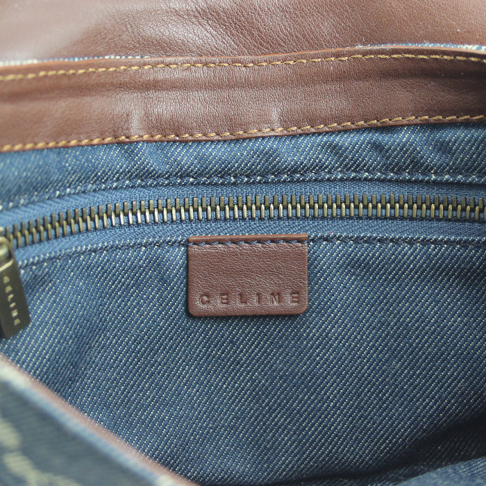 Sac à main Celine Vintage en toile denim monogrammée bleue et cuir marron - Detail D3