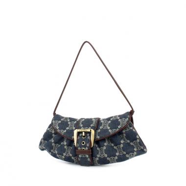 Bolso de mano Celine Vintage en lona denim Monogram azul y cuero marrón