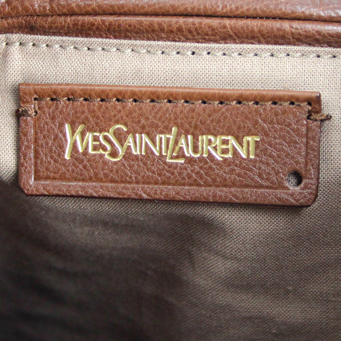 Yves Saint Laurent Multy handbag in brown leather and beige canvas - Detail D3