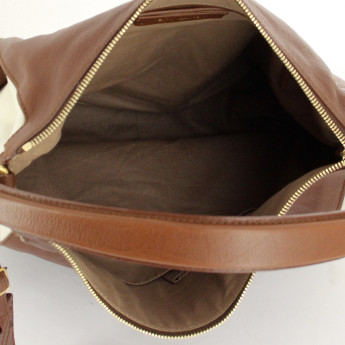 Bolso de mano Yves Saint Laurent Multy en cuero marrón y lona beige - Detail D2