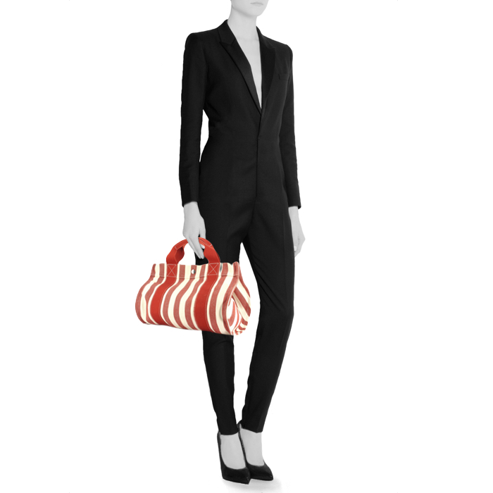 Shopping bag Hermes Cannes in tela con stampa a motivo rigato beige e rosso - Detail D1