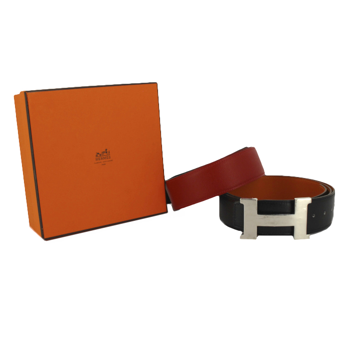 Hermès cinturón H de cuero negro y rojo - Detail D2