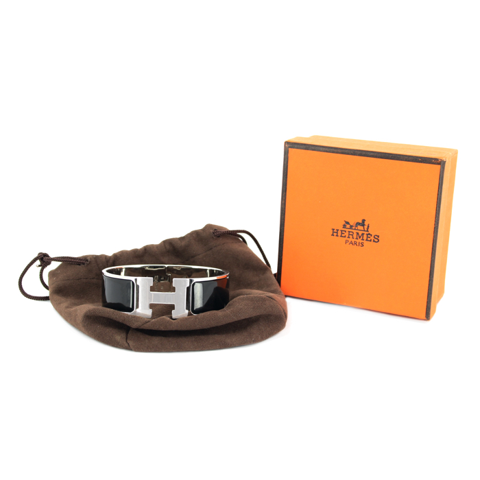 Brazalete Hermes Clic Clac modelo grande en paladio y esmalte negro
