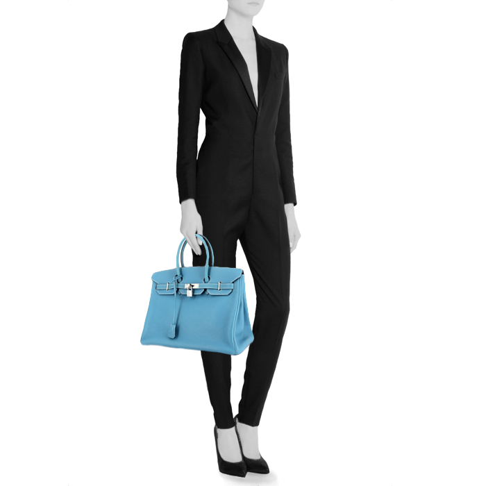 Hermes sac à main Birkin 35 cm en cuir togo bleu - Detail D1