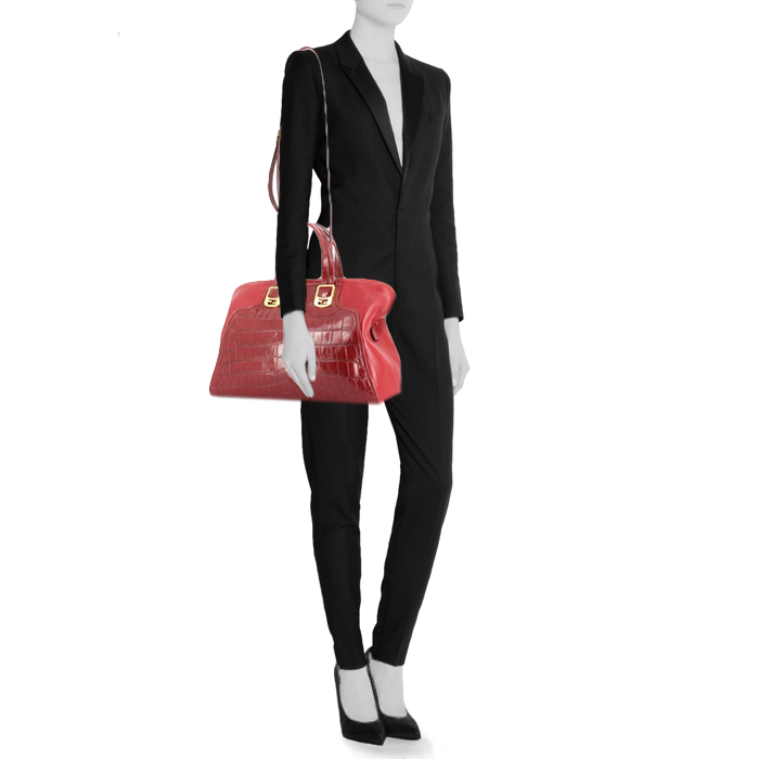 Bolso de mano Fendi Chameleon en cuero y cocodrilo rojo - Detail D2