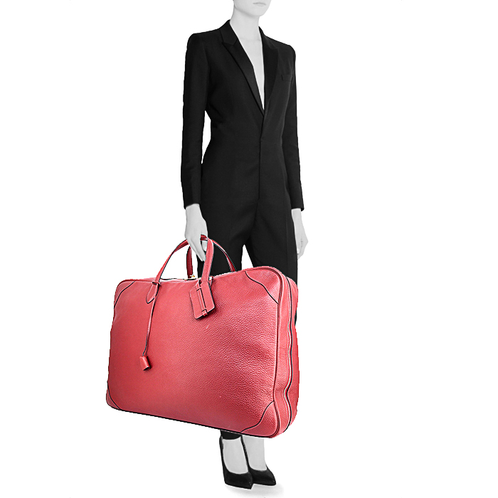Sac de voyage Hermes Victoria en cuir togo bordeaux - Detail D1