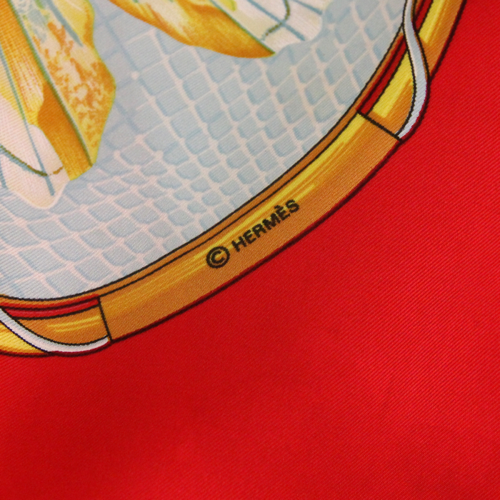 Foulard quadrato Carre Hermes in seta multicolore rossa e bianca - Detail D3