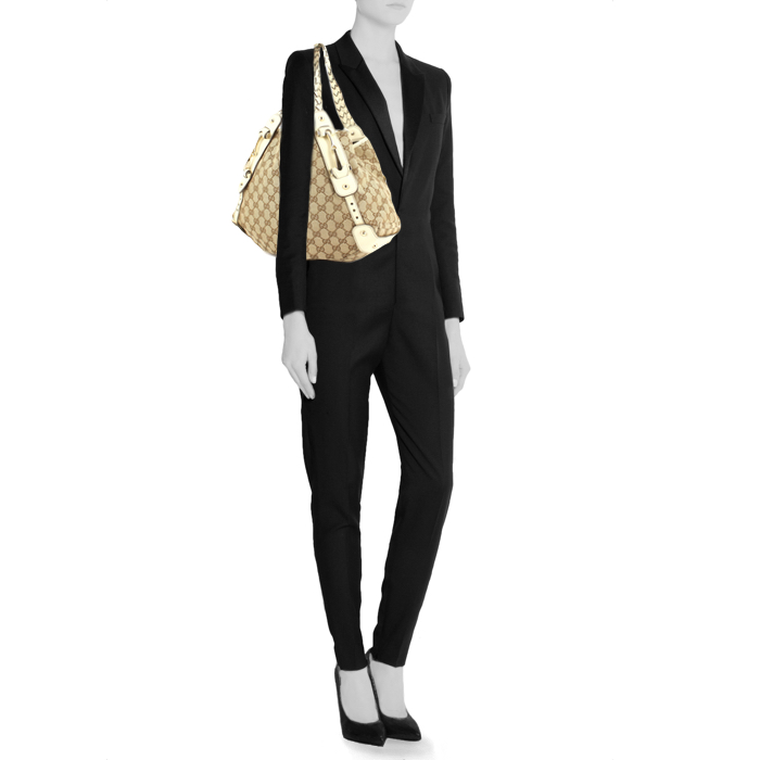 Gucci handbag in monogram canvas and beige leather - Detail D1