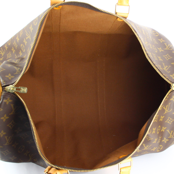 Sac de voyage Louis Vuitton Keepall 55 cm en toile monogram et cuir naturel - Detail D2