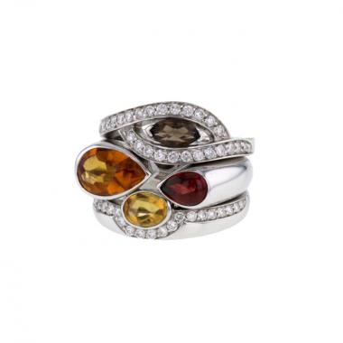 Fred Princess K large model ring in white gold,  diamonds and colored stones