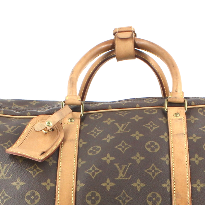 Bolsa de viaje Louis Vuitton en lona Monogram y cuero natural - Detail D5