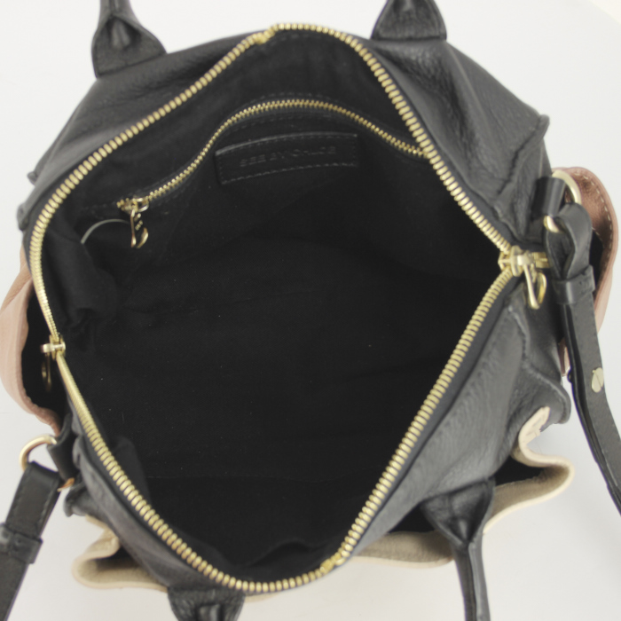 Chloé handbag in black, beige and powder pink tricolor leather - Detail D3